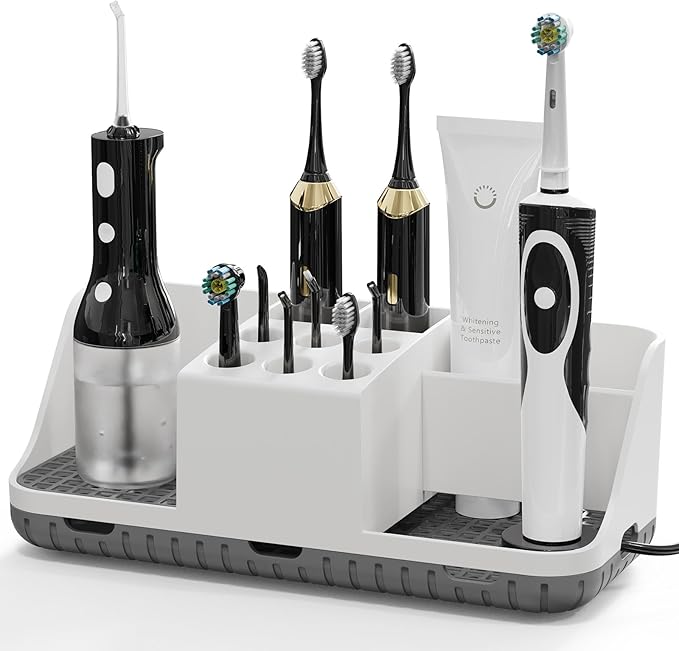 Boperzi Electric Toothbrush Holders with Cord Slots: Detachable Toothbrush and Toothpaste Holders, Large Tooth Brush Storage Caddy Set Drainage, Anti-Slip Bathroom Counter Organizer for Family, Kids