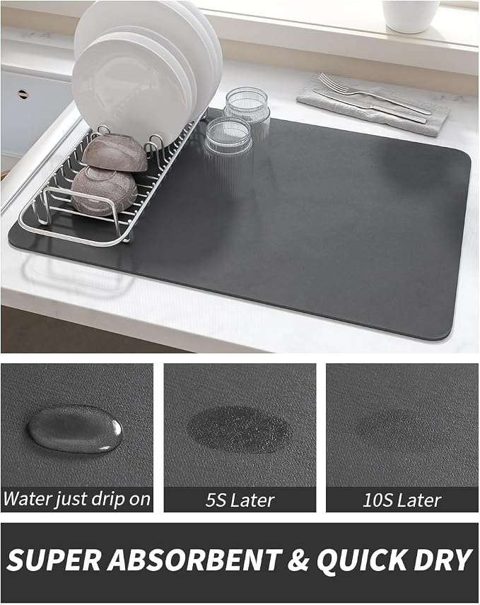 AMOAMI-Coffee Mat Hide Stain Rubber Backed Absorbent Dish Drying Mat for Kitchen Counter-Coffee Bar Accessories Fit Under Coffee Maker, Espresso Machine, Pot, Dish Rack,16"x24" Dark Grey