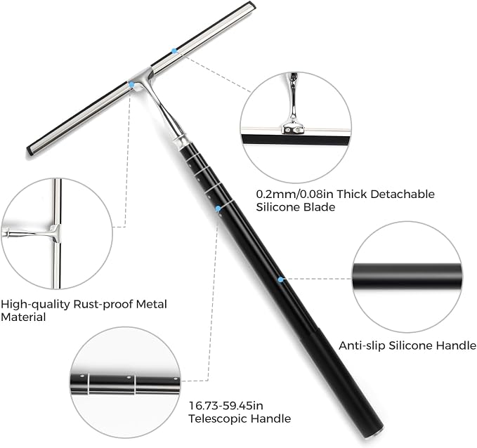 17“- 60" Extendable Long Handle 2-in-1 Window Squeegee Silver | 12.4" Wide Metal Shower Squeegee for Glass Doors, 2-in-1 Squeegee for Home Window Cleaning, Tile Wall, Car