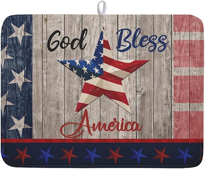 Kawani 4th of July Dish Drying Mat 18x24 Inch Patriotic God Bless America Memorial Kitchen Mats Independence Day Absorbent Dishes Pad for Kitchen Counter USA Star Drying Mat Home Decor for Countertop