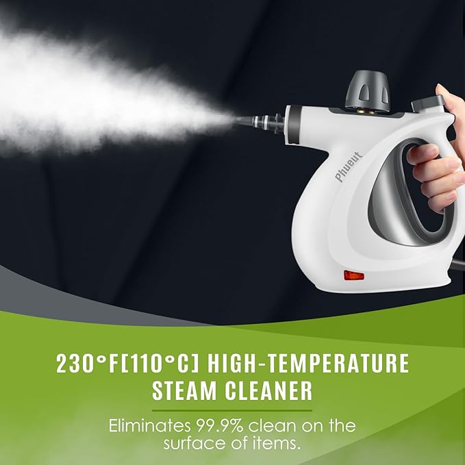 Phueut Pressurized Handheld Multi-Surface Natural Steam Cleaner with 12 pcs Accessories, Multi-Purpose Steamer for Home Use, Steamer for Cleaning Floor, Upholstery, Grout and Car (Grey)