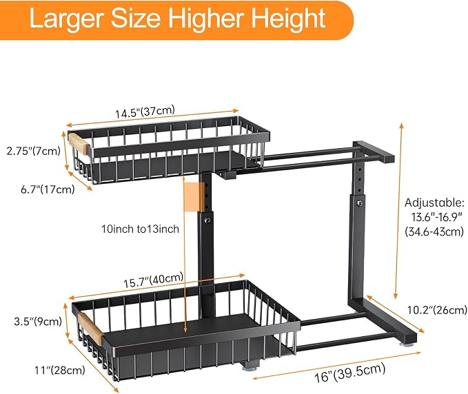 PXRACK Under Sink Organizer, Adjustable Height, 2 Tier Pull Out Under Cabinet Organizer, Slide Out Thickened Metal Under Sink Storage for Kitchen Bathroom Laundry Pantry Cabinet, Black, Large-2-Pack