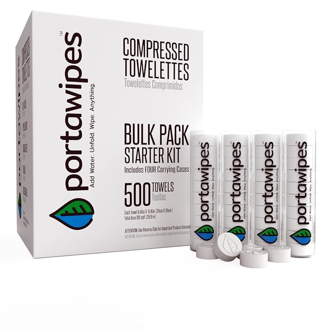 Portawipes Coin Tissues | 500 Pack with 4 Carrying Cases | Toilet Paper Tablets | Compressed Towels | Expandable Wipes | Soft & Odor Free