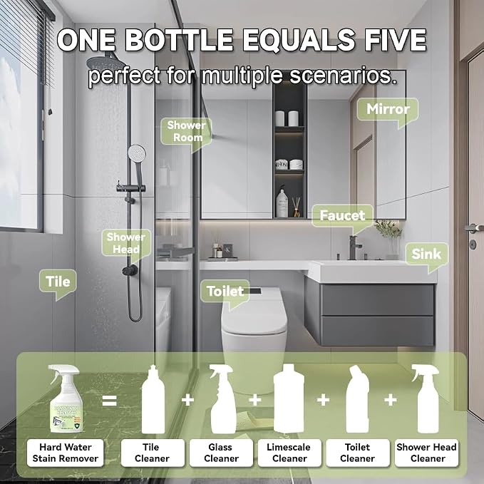 Hard Water Stain Remover, Shower Glass Cleaner Soap Scum Remover, Limescale Buildup Remover All-Purpose Bathroom Cleaner, for Glass, Shower Doors, Tiles, Toilet, Tub, Sink & Water Pipes (1PC)