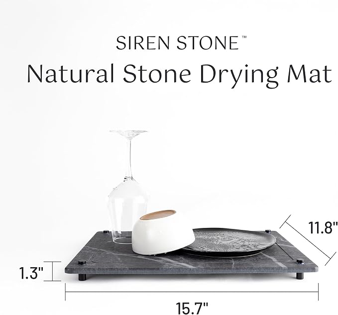Natural Stone Dish Drying Mat 15.7" x 11.8", Slate Color - Diatomaceous Earth Kitchen Mat | Quick Drying, Non-Toxic, BPA-Free, Eco-Friendly | Female-Founded USA Brand