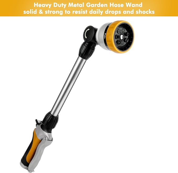 RESTMO Heavy Duty Metal Hose Wand, Watering Wand for Garden Hose | 180° Swivel Ratcheting Head, 16'' Hose Sprayer, 7 Spray Patterns, Flow Control, Ideal for Hanging Baskets & Shrubs, Yellow