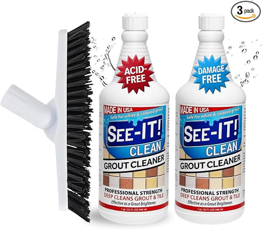 SEE-IT! Grout & Tile Deep Cleaner Brightener & Heavy-Duty Stain Remover Acid-Free Safe for Ceramic, Porcelain, Marble, Stone - Two 32 fl. oz. Bottles with Floor Cleaning Brush