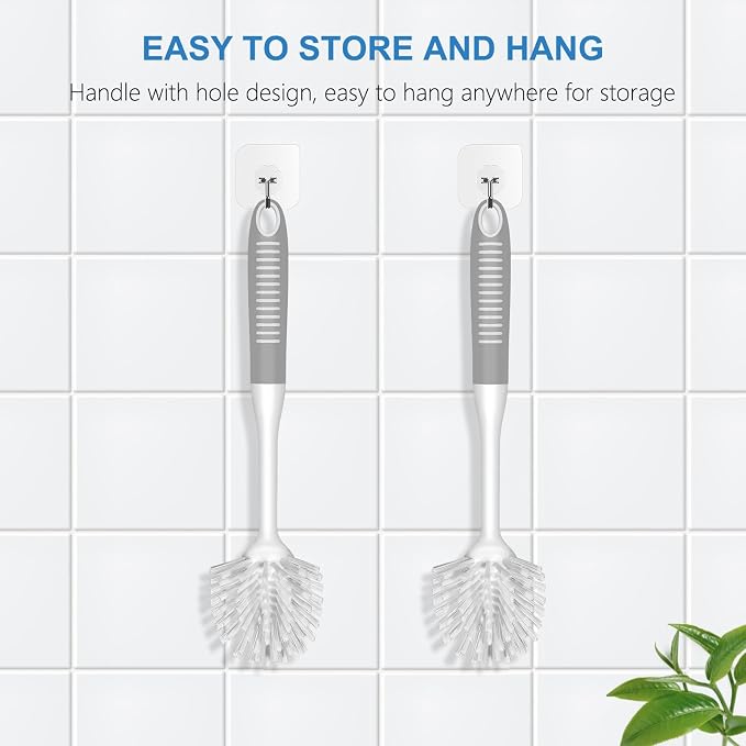 SetSail Dish Brush with Handle, 3 Pack Stiff Bristles Dish Scrubber with Built-in Scraper Dish Scrub Brushes for Cleaning Dishes, Pots and Pans, Kitchen Sink, 3 Pack, Grey White