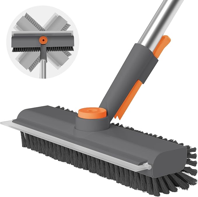 AIR U+ Floor Scrub Brush with Long Handle, 3-in-1 Rotating Head & Squeegee | Stiff Dual-Sided Bristles for Shower, Bathroom, Kitchen and Patio, 30–50 In Handle for Easier Stand-up Cleaning, Gray