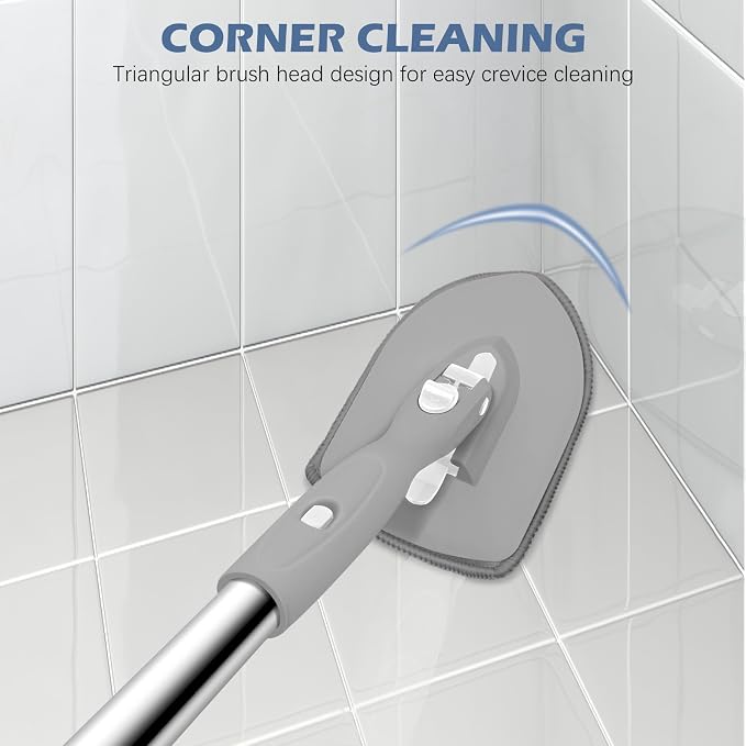 SetSail Tile Tub Scrubber Brush 3-in-1 Long Handle Shower Scrubber, Gray | with 3 Detachable Replacement Brush Head, Multi-Angle Cleaning Locks at 45°, 90°, 180° for Bathroom Kitchen Walls Tub Tile