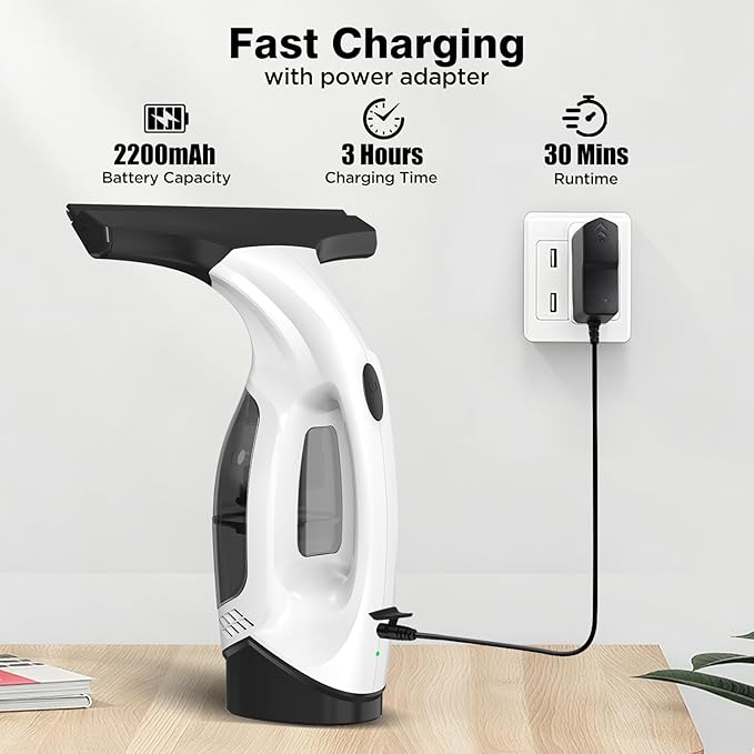 Window Vacuum Squeegee Cordless, 2000Pa Electric Window Cleaner Tool with 2200mAh & 150ml Water Collection Tank, Window Cleaning Kit Shower Squeegee for Glass Doors, Mirrors, Car Windows(White)