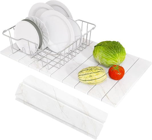 Hopegiver Stone Drying Mat for Kitchen Counter, 24" x 16" Quick Dry Diatomaceous Earth Dish Drying Mat, Super Absorbent, Non-Slip & Foldable, Modern Marble Countertop Mat (GoldenMarble,24''x16'')