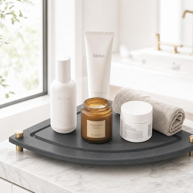 Corner Counter Shelf, Water Absorbing Stone Drying Tray Mat for Kitchen & Bathroom Sink, Diatomaceous Gold Faucet Coaster Soap Dish Rack Riser Dispenser Sponge Holder, Dark Gray, 8.5" x 8.5"