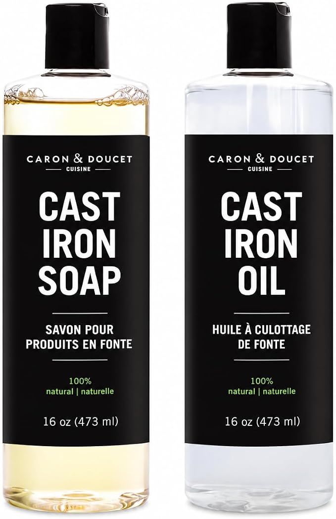 CARON & DOUCET - Cast Iron Cleaning & Conditioning Set PLUS: Seasoning Oil & Cleaning Soap | 100% Plant-Based | Best for Washing, Restoring & Seasoning Cast Iron Skillets, Pans & Grills - 16oz Each