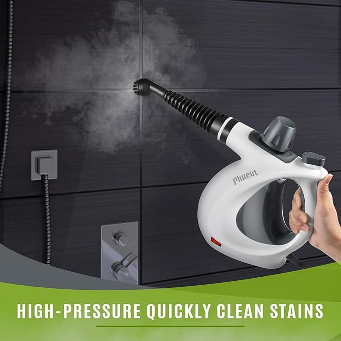 Phueut Pressurized Handheld Multi-Surface Natural Steam Cleaner with 12 pcs Accessories, Multi-Purpose Steamer for Home Use, Steamer for Cleaning Floor, Upholstery, Grout and Car (Grey)