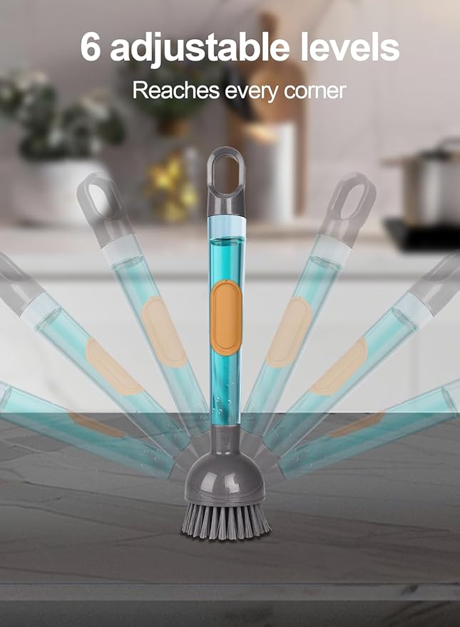 Soap Dispensing Dish Brush with Handle, 360° Rotating Head, 5-Piece Kitchen Cleaning Set (2 Brush Heads & 3 Sponges), Non-Scratch Scrubber for Pot, Pan, Sink, Leak-Proof Dishwand, Grey