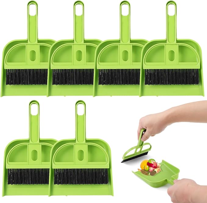 SEWACC 6 Sets Mini Broom and Dustpan Set, Small Brush and Shovel Combination for Desktop Cleaning, Home Office Use, Green Plastic