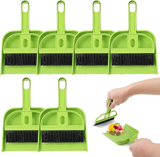 SEWACC 6 Sets Mini Broom and Dustpan Set, Small Brush and Shovel Combination for Desktop Cleaning, Home Office Use, Green Plastic