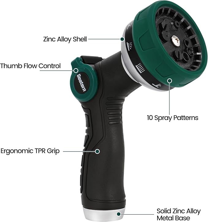 Garden Hose Nozzle, Heavy Duty Hose Sprayer with Thumb Control, 10 Spray Patterns, Reinforced Metal Shell, Comfortable Grip for Lawn, Plants, Car & Pet Washing – Forest Green