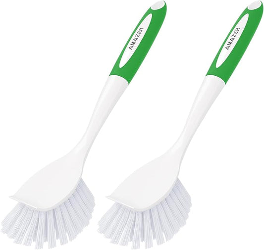 Amazer Dish Brush with Handle, 2 Pack Kitchen Scrub Brushes with Built-in Scraper for Cleaning, Dish Scrubber with Stiff Bristles for Sink, Pots, Pans (Green+Green)