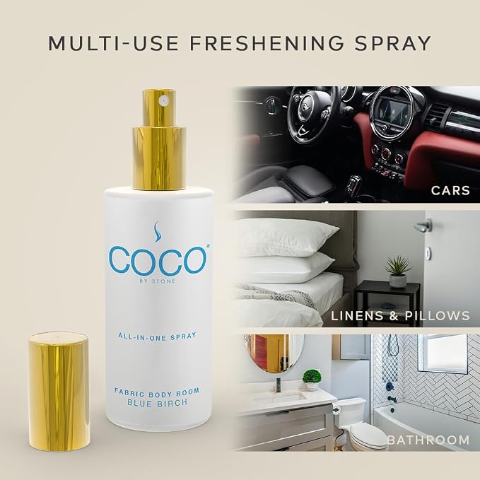 COCO by Stone 5oz All-in-One Spray Blue Birch Fabric & Room Mist | Shake-and-spray formula for fabrics, pillows, cloth & rooms with a refreshing Blue Birch fragrance. Vegan & cruelty-free.