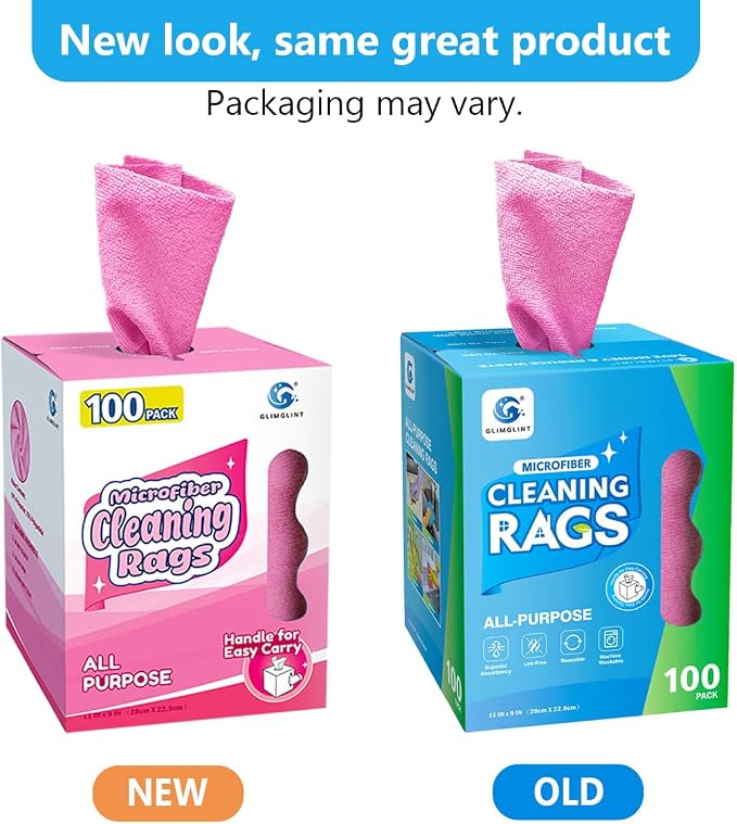 GLIMGLINT Pink Microfiber Cleaning Cloth, 100 Pack Cleaning Rags, Lint-Free, Ultra Absorbent Reusable Paper Towels for Home, Kitchen, Car, Garage or Shop, Dish Rags, 11" x 9"
