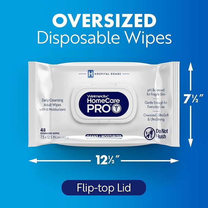 Welmedix Adult Bathing Wipes - Oversized No Rinse Bath Wipes | 6 Moisturizers - Hospital Grade Daily Cleansing Disposable Washcloths for Fragile Skin - XL 7.5” x 12.5” - 48 Count, 12 Pack