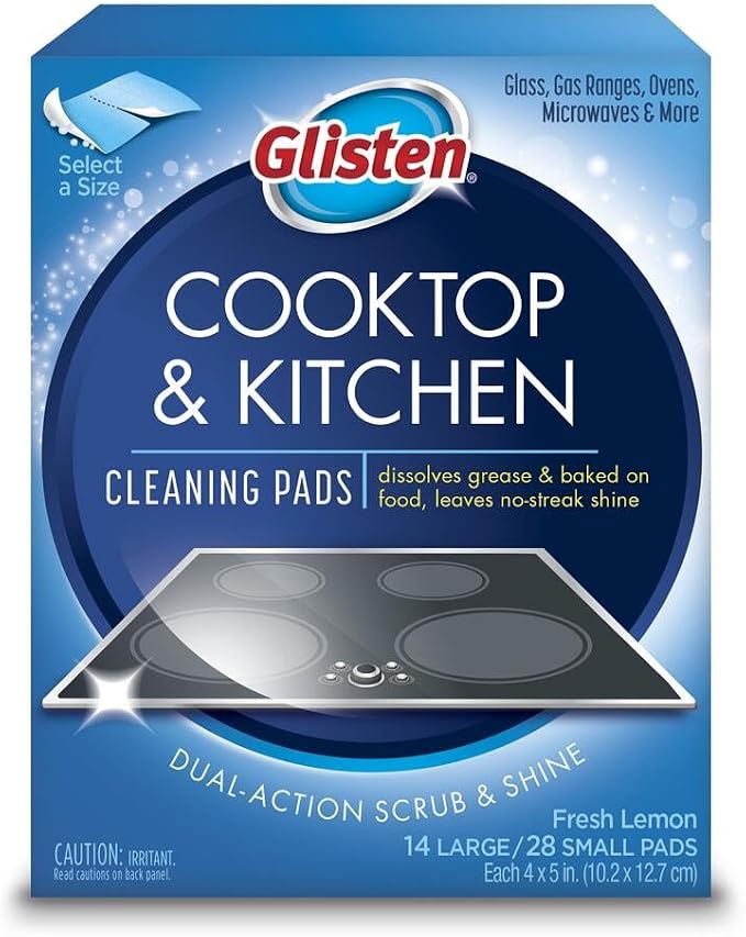 Glisten Cooktop and Kitchen Cleaning Pads for Glass, Gas Ranges, Ovens, Microwaves, and More, Dissolves Grease and Baked on Foods, Lemon Scent, 14 Large Pads or 28 Small Pads