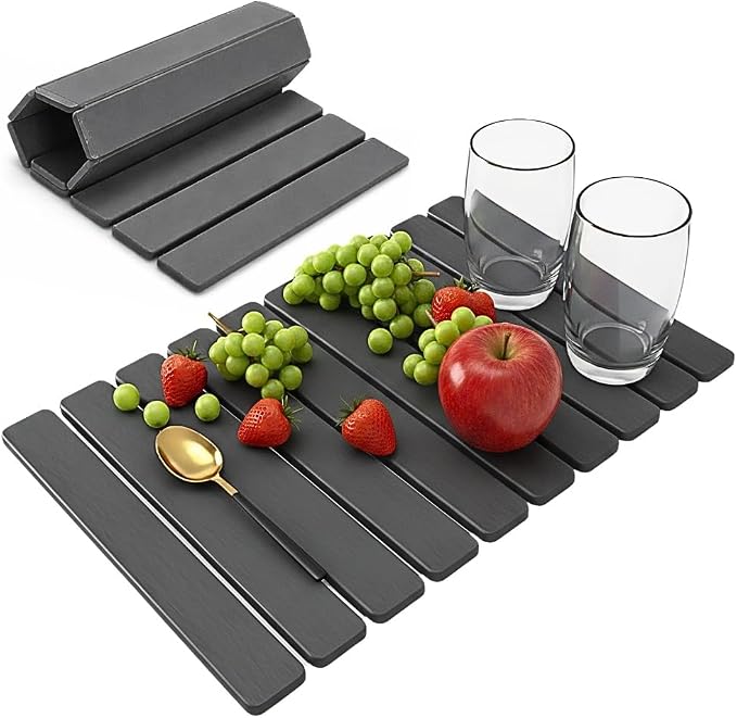 Stone Dish Drying Mat for Kitchen Counter, Large Quick Dry Diatomaceous Earth Stone Drying Mat, Foldable Water Absorbent Dish Drying Mat for Dishes, Cups, Bottles, Kitchen Sink & Countertop (Grey)