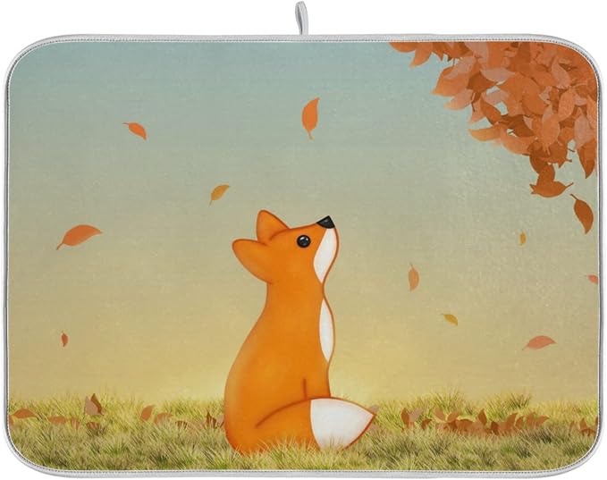 Absorbent Dish Drying Mat for Kitchen Counter - Cute Fox Microfiber Drying Pad, Reversible Drainer Mats for Countertop, Lager 18 x 24 inch