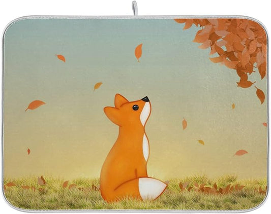 Absorbent Dish Drying Mat for Kitchen Counter - Cute Fox Microfiber Drying Pad, Reversible Drainer Mats for Countertop, Small 16 x 18 inch