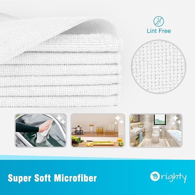 Orighty Microfiber Cleaning Cloth, Cleaning Rags, 24 Pack, 12x11 in, White | Microfiber Towels for Cars, Soft Highly Absorbent Rag, Lint Free Cloths for Car Care, House, Kitchen