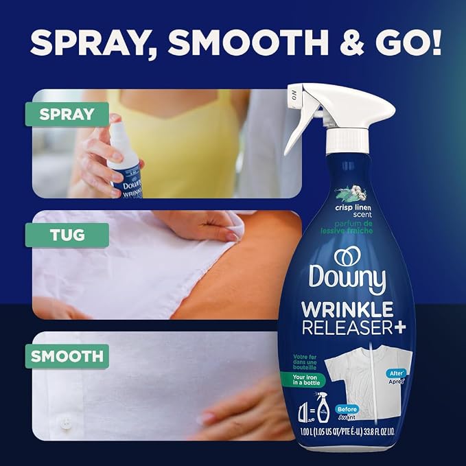 Downy Wrinkle Releaser Spray, All In One Formula, Removes Wrinkles, Static and Odor Eliminator, Crisp Linen Scent, 33.8 Fl Oz (Packaging May Vary),(Pack of 4)
