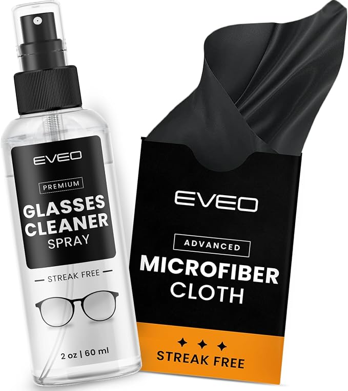 EVEO Glasses Cleaner Spray - Eyeglass Cleaner (No Streaks)| Eye Glass Cleaners Spray + Lens Cleaner Microfiber Cleaning Cloth, Glasses Cleaning Kit Eye - 2oz