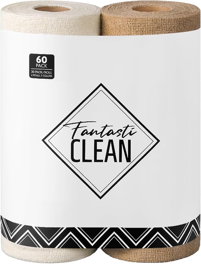 Fantasticlean Microfiber Cleaning Cloth Roll- 60 Sheets,12"x12"(Tan, Beige) | Super Absorbent, Lint-free, Tear-away Microfiber Towel Roll, for All-Purpose Cleaning, Reusable Alternative to Paper Towels