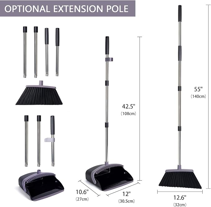 Broom and Dustpan Combo Set,55" Long Handle,Charcoal | Heavy Dust,Dustpans with Broom Combo,House Accessories for Home, Kitchen,Office,Classroom,Apartment,Pet Hair