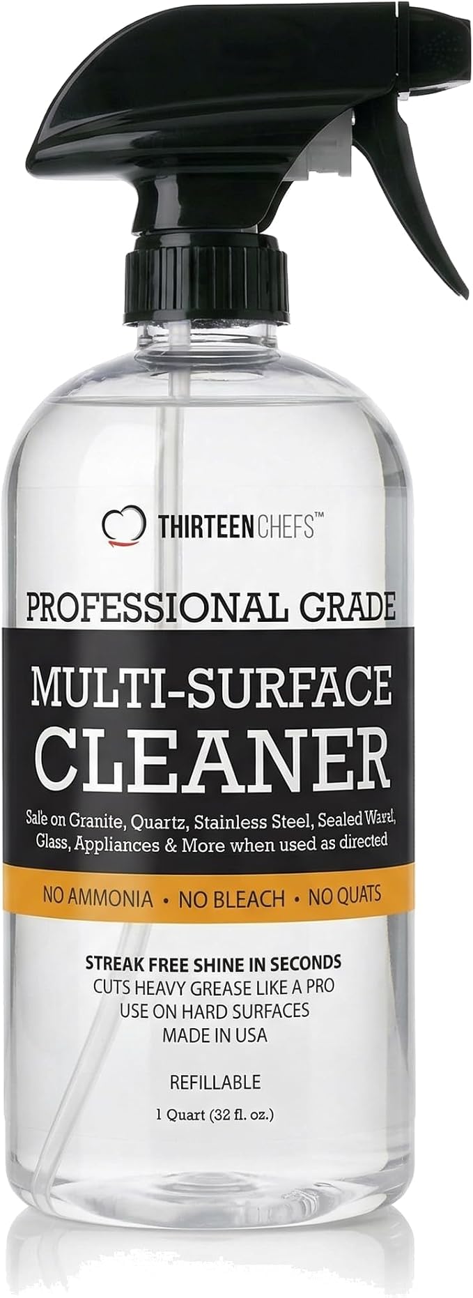 Thirteen Chefs Multi-Surface Cleaner for Granite and Quartz Countertop, Stainless Steel Appliances, Wood Furniture and Tables - 32oz Spray Bottle (32oz)