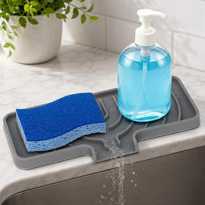 GUUKIN Sponge Holder for Kitchen Sink, 10"x 4" Kitchen Sink Organizer, Sink Caddy and Soap Tray,Compatible with Scrub Daddy, Kitchen Sink Accessories (Grey)