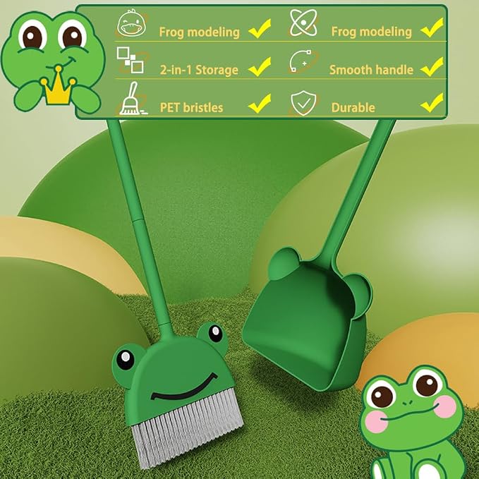 Mini Broom with Dustpan for Boy I Kids Small Cleaning Set Combo Pretend Play I Toddler Kitchen Dress Up Toys–Frog Green