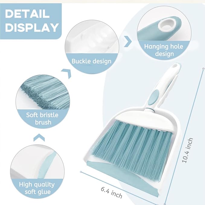 Broom Dustpan Brush Small Dust pan: Small Broom and Dustpan Set Mini Dust pan and Brush Set for Desk, Home, Camping Tent. (Light Blue)