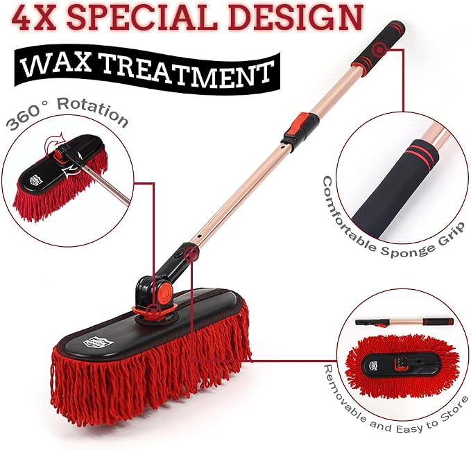 Exterior Car Duster & Brush Kit - Loop End, Red Brush | Telescoping wax cotton auto mop traps pollen scratch-free. Combo with inside detailing tools & bag. Ideal gift for SUV, RV.