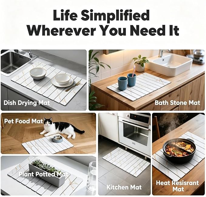 Stone Drying Mat for Kitchen Counter, Quick Diatomaceous Earth Mats for Dishes, 24"L x 16" W Super Absorbent Fast-Drying Collapsible Countertop Stone Mat (Marble Gold White, 24" x 16")