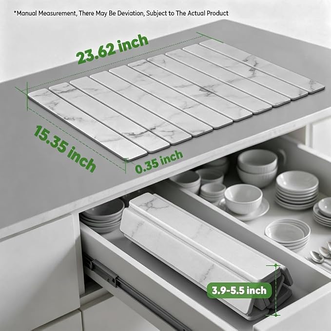 Stone Drying Mat for Kitchen Counter, Quick Diatomaceous Earth Mats for Dishes, 24"L x 16" W Super Absorbent Fast-Drying Collapsible Countertop Stone Mat (Marble White, 24" x 16")