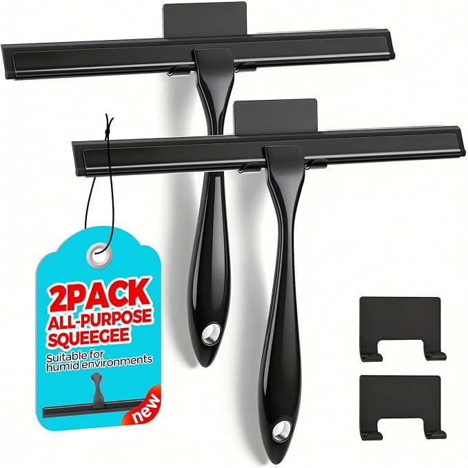 ALFLOD 2pcs Shower Squeegee for Glass Doors with Adhesive Hanging Hook Set | 10” black, bathroom accessories, window cleaner, new home essentials, soft rubber blade, metal handle, ergonomic grip