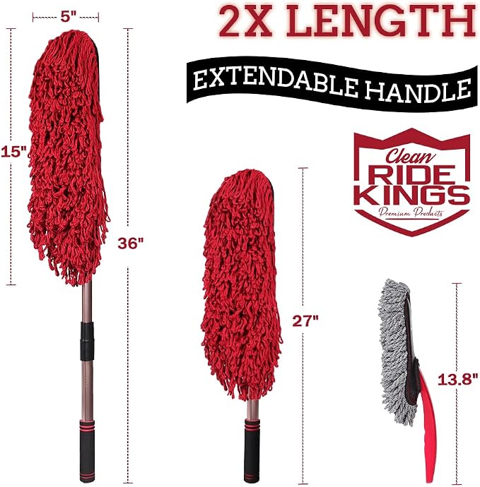 Exterior Car Duster & Brush Kit - Loop End, Red Brush | Telescoping wax cotton auto mop traps pollen scratch-free. Combo with inside detailing tools & bag. Ideal gift for SUV, RV.