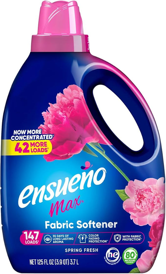 Ensueño Max Liquid Fabric Softener - Spring Fresh Scent - 125 fl oz | Color-Safe Fabric Softener Liquid - Softens 147 Loads - Reduces Wrinkles & Static