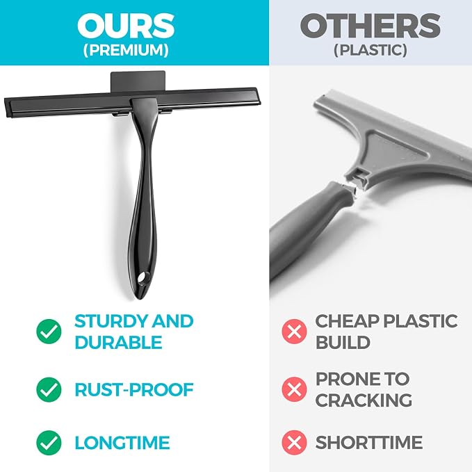 ALFLOD 2pcs Shower Squeegee for Glass Doors with Adhesive Hanging Hook Set | 10” black, bathroom accessories, window cleaner, new home essentials, soft rubber blade, metal handle, ergonomic grip