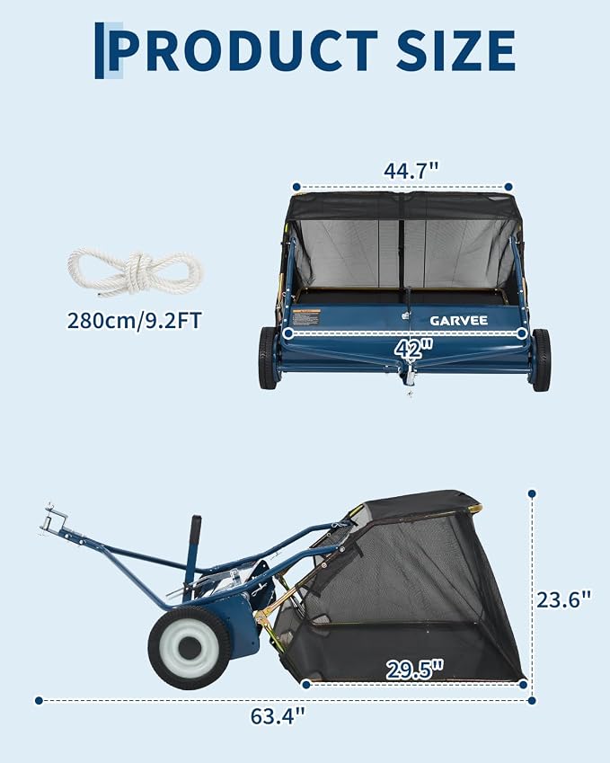 Garvee Tow Behind Lawn Sweeper 42 Inch, Heavy Duty Leaf & Grass Collector | Yard Sweeper Pull Behind,14 cu.ft. Leaf Collector,Tool-Free Adjustable Brush Height,Dumping Rope for Yard,Driveway,Sidewalk