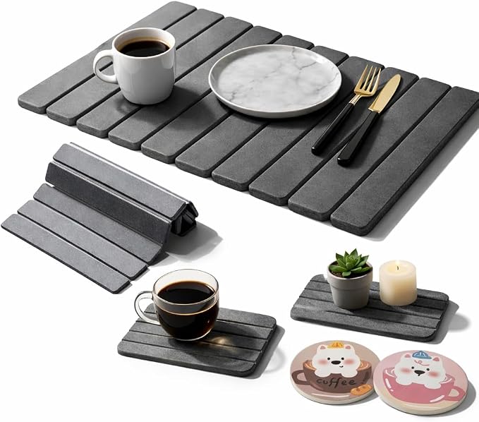 Large Stone Dish Drying Mat for Kitchen Counter, Foldable Quick Dry Stone Dish Mat, Diatomaceous Earth Water Absorbing Pad for Plate Utensils Rack Bottles, Any Countertop (Dark Gray 24"×16" & 2*8"x4")