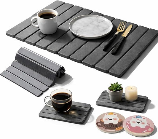 Large Stone Dish Drying Mat for Kitchen Counter, Foldable Quick Dry Stone Dish Mat, Diatomaceous Earth Water Absorbing Pad for Plate Utensils Rack Bottles, Any Countertop (Dark Gray 24"×16" & 2*8"x4")